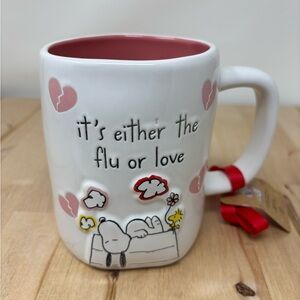 Rae Dunn Valentine Snoopy ITS EITHER THE FLU OR LOVE Mug Double Sided Pink Insid